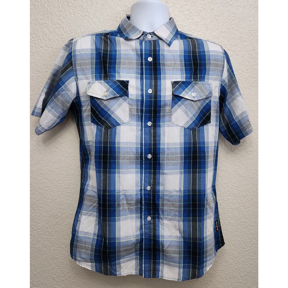 Airwalk Blue White Plaid Button Up Short Sleeve Shirt Medium Lightweight Collard